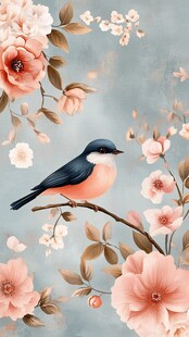 花鸟图 枝头小鸟伴繁花