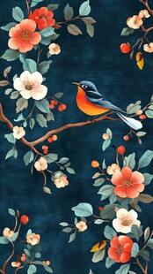 花鸟绘景 枝头灵雀伴繁花