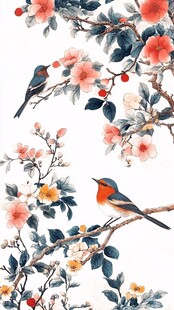 花鸟图 枝头双鸟伴繁花