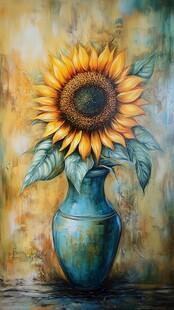 蓝色花瓶中的灿烂向日葵