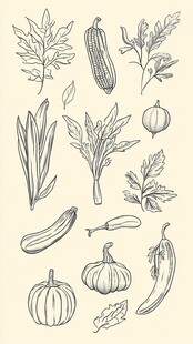 手绘蔬菜与植物线条插画