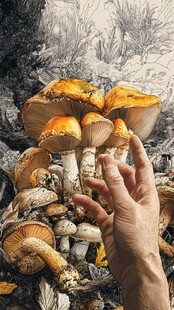 手触橙黄蘑菇的自然场景