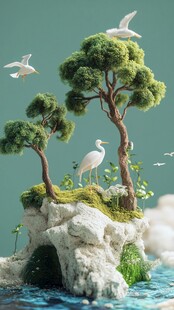 迷你生态岛 飞鸟绿植相伴