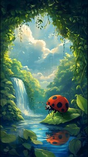 瓢虫漫步于梦幻森林瀑布