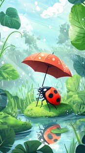 雨中瓢虫撑伞的奇幻场景