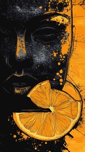 橙片旁的抽象人物艺术画