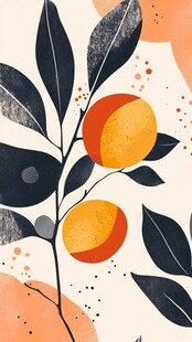 橘色果实与叶片插画