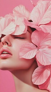 粉花覆面的柔美女性形象