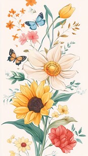 缤纷花卉与灵动蝴蝶插画