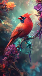梦幻红雀栖于绚烂花丛间
