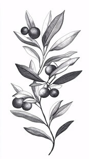橄榄枝叶黑白手绘插画
