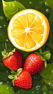 柠檬草莓与绿叶清新画面