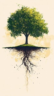 独立大树 根系与繁茂树冠