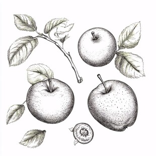 手绘苹果及枝叶果实图案
