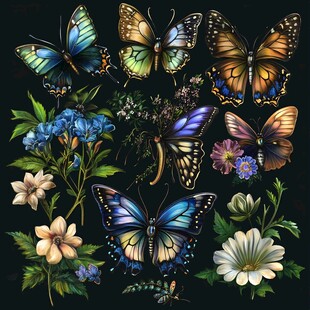多彩蝴蝶与花卉插画集合
