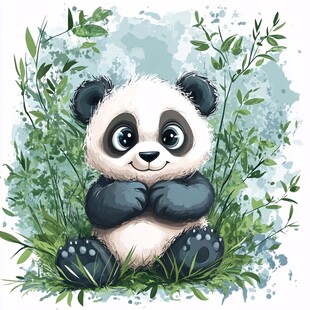 可爱熊猫坐于绿植间