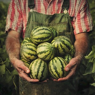 农民双手捧起新鲜西瓜