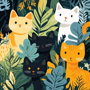 猫咪在绿植间的可爱画面