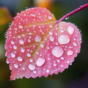 带露珠的粉红叶片特写