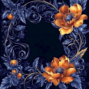 蓝底金花卉华丽装饰边框
