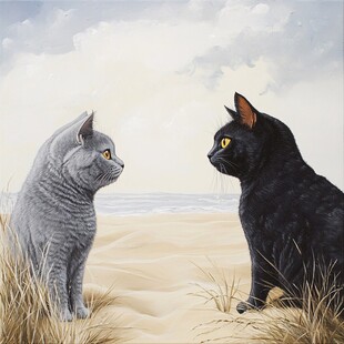 沙滩上对视的灰黑猫