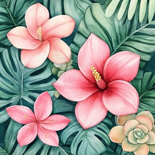 粉色扶桑与绿植插画图案
