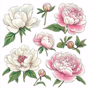 手绘牡丹花卉插画素材