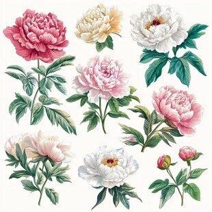 多彩芍药花卉插画素材