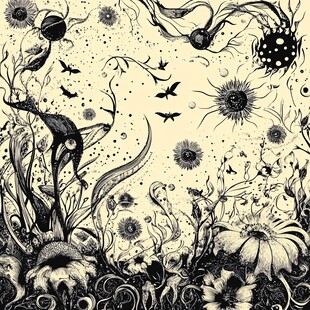 奇幻花卉飞鸟黑白插画