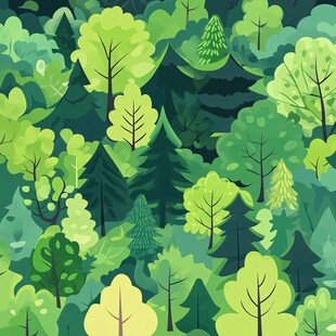 清新手绘风的茂密森林图景