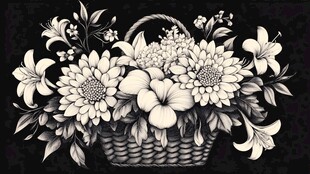 黑白花篮插画 花卉精致
