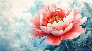 梦幻粉色牡丹花水彩画