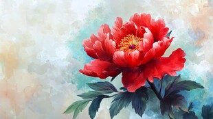 水彩绘就的艳丽红牡丹