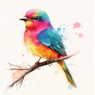 多彩水彩小鸟栖息枝头