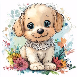 可爱萌犬置身缤纷花丛中