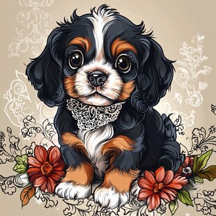 可爱查理王小猎犬与花卉