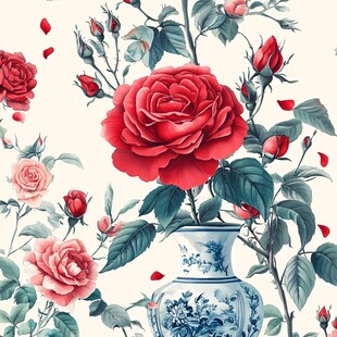 青花瓷瓶中的娇艳玫瑰