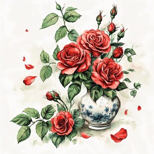 青花瓷瓶中的娇艳红玫瑰