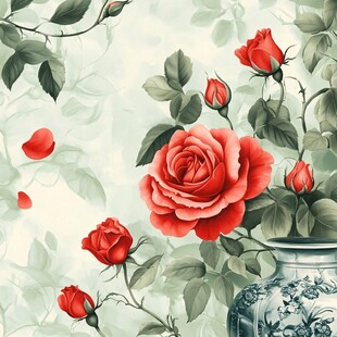 青花瓷瓶中的艳丽红玫瑰