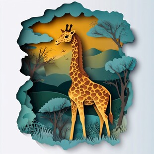 长颈鹿置身纸艺风自然景观