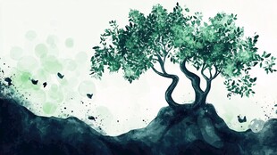 水墨风孤树飞鸟自然图景