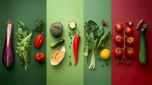 三色背景下的多样新鲜蔬菜