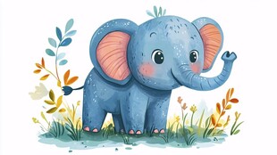 可爱小象漫步花草间