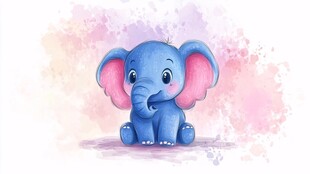 可爱蓝色小象水彩插画
