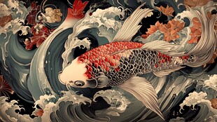 锦鲤跃浪 传统日式绘