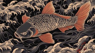 锦鲤游于海浪间图案