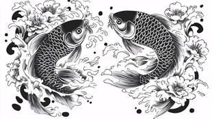 双锦鲤花卉海浪图案设计