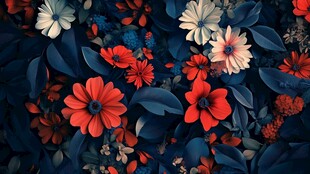 深蓝背景上的多彩花卉图案