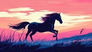 夕阳下骏马驰骋草原