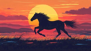 夕阳下奔腾的骏马